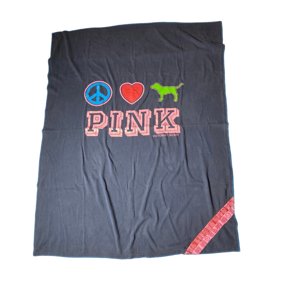 Victoria's Secret 2007 PINK Fleece Stadium Blanket Peace Heart Dog 53x67 Y2K